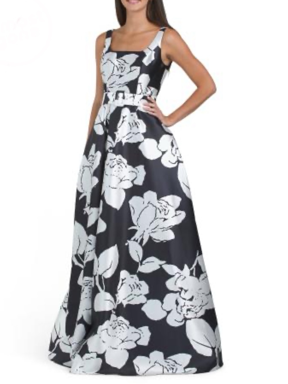 RENE BY RENE RUIZ Sleeveless Floral Mikado Gown With Belt